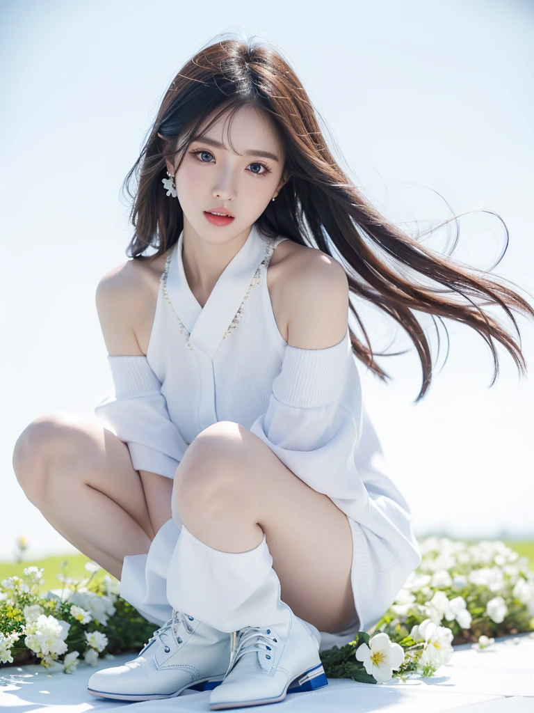 Beautiful woman wearing a blue sky and white mini dress with decorations on the shirt and visible shoulders and wearing boots and being photographed with a white background And And he was on the grass which was beautiful and filled with white flowers , Korean style swag, beautiful face so gorgeous, Beautiful eyes, y2k style