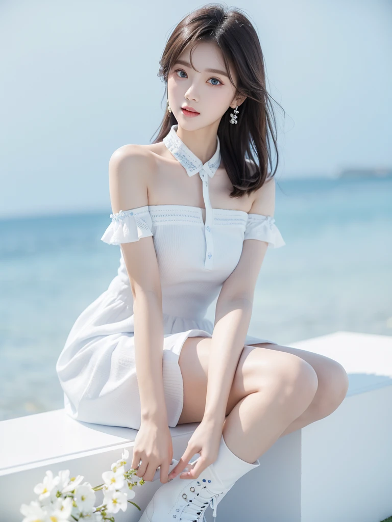 Beautiful woman wearing a blue sky and white mini dress with decorations on the shirt and visible shoulders and wearing boots and being photographed with a white background And And he was on the grass which was beautiful and filled with white flowers , Korean style swag, beautiful face so gorgeous, Beautiful eyes, y2k style