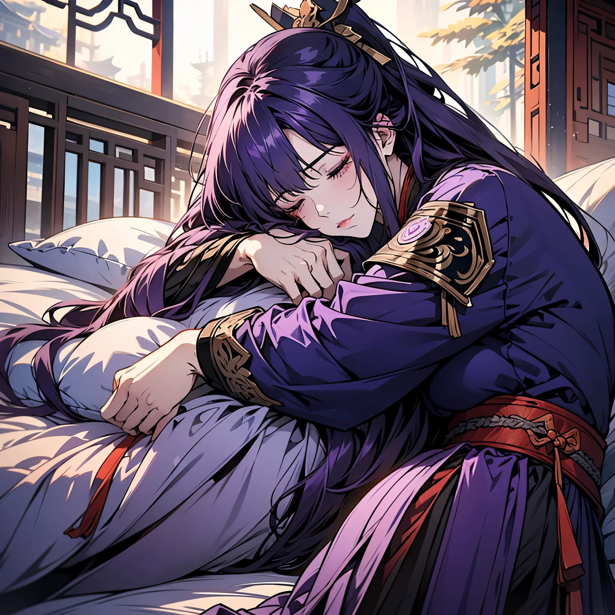 1 women, Raiden Shogun - genshin impact, long purple hair, violet eyes, violet chinese clothes, ultra long skirt, lying on the bed and sleeping in chinese room, closed eyes