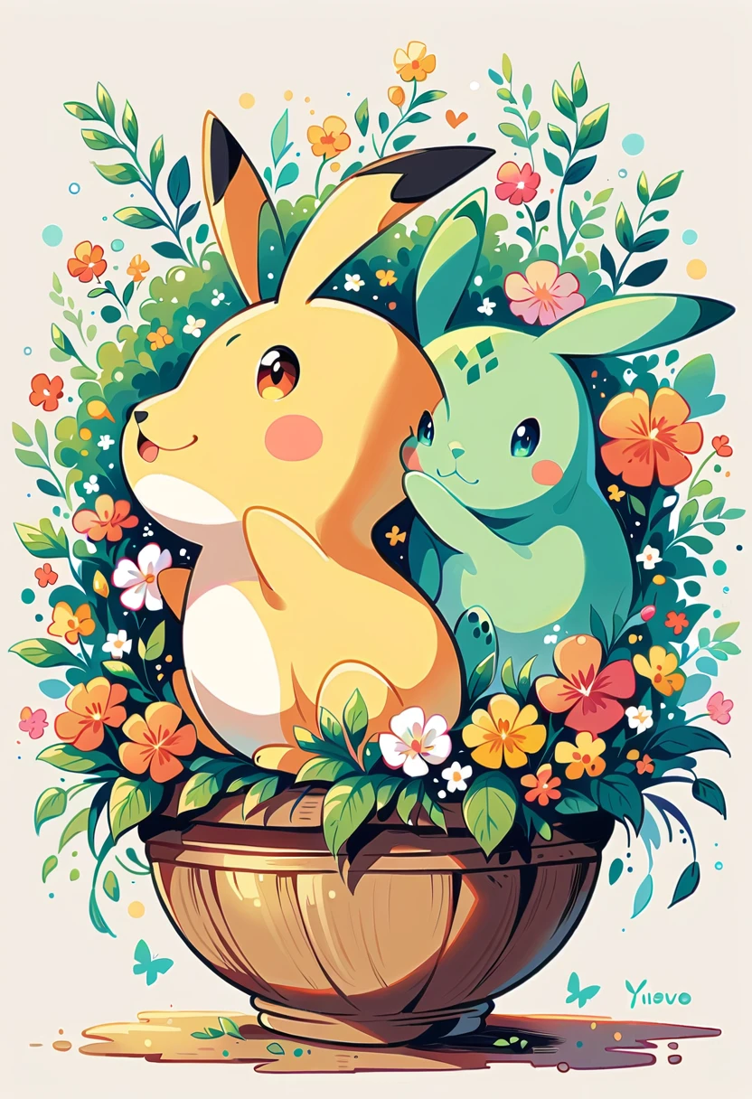 cozy scene featuring hanging planters with adorable Pokémon, adding elements of Pikachu. The planters should be filled with lush greenery and colorful flowers. Include Pikachu comfortably resting in one of the planters, alongside other Pokémon like Celebi and Snivy. Use soft pastel colors and whimsical details to enhance the charm. The background should have subtle stripes with shades of green and peach, maintaining a warm and inviting atmosphere