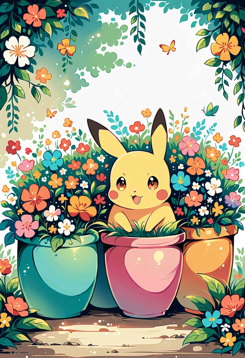 cozy scene featuring hanging planters with adorable Pokémon, adding elements of Pikachu. The planters should be filled with lush greenery and colorful flowers. Include Pikachu comfortably resting in one of the planters, alongside other Pokémon like Celebi and Snivy. Use soft pastel colors and whimsical details to enhance the charm. The background should have subtle stripes with shades of green and peach, maintaining a warm and inviting atmosphere