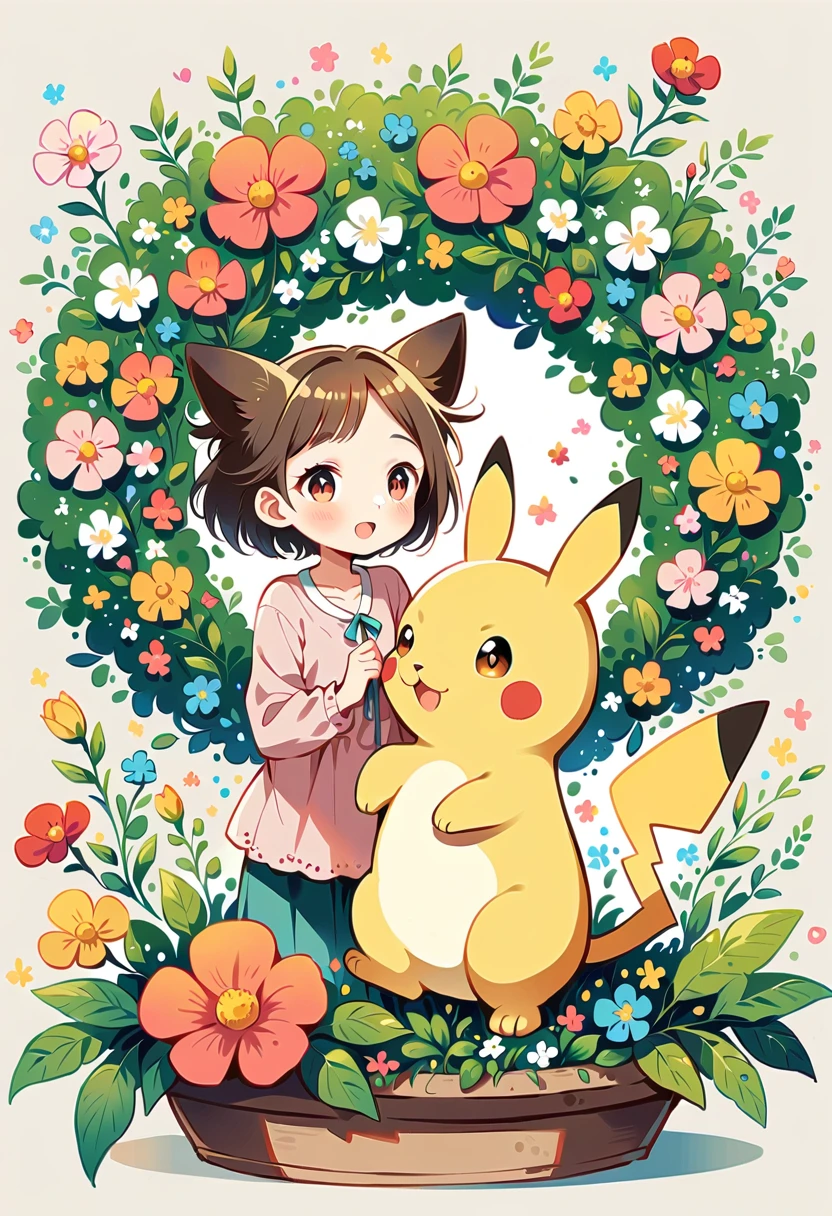 cozy scene featuring hanging planters with adorable Pokémon, adding elements of Pikachu. The planters should be filled with lush greenery and colorful flowers. Include Pikachu comfortably resting in one of the planters, alongside other Pokémon like Celebi and Snivy. Use soft pastel colors and whimsical details to enhance the charm. The background should have subtle stripes with shades of green and peach, maintaining a warm and inviting atmosphere