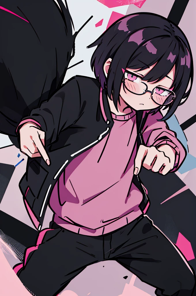 black pants, Sharp image, man, Black hair with pink ends, wearing a pink jacket. , has a dull, bored face, wears round glasses, has short, neat hair,