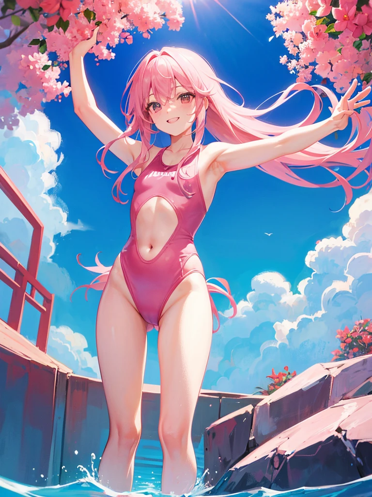 Pink long hair Revealing swimsuit Raising his arms to show his armpits smile Location: Pool
