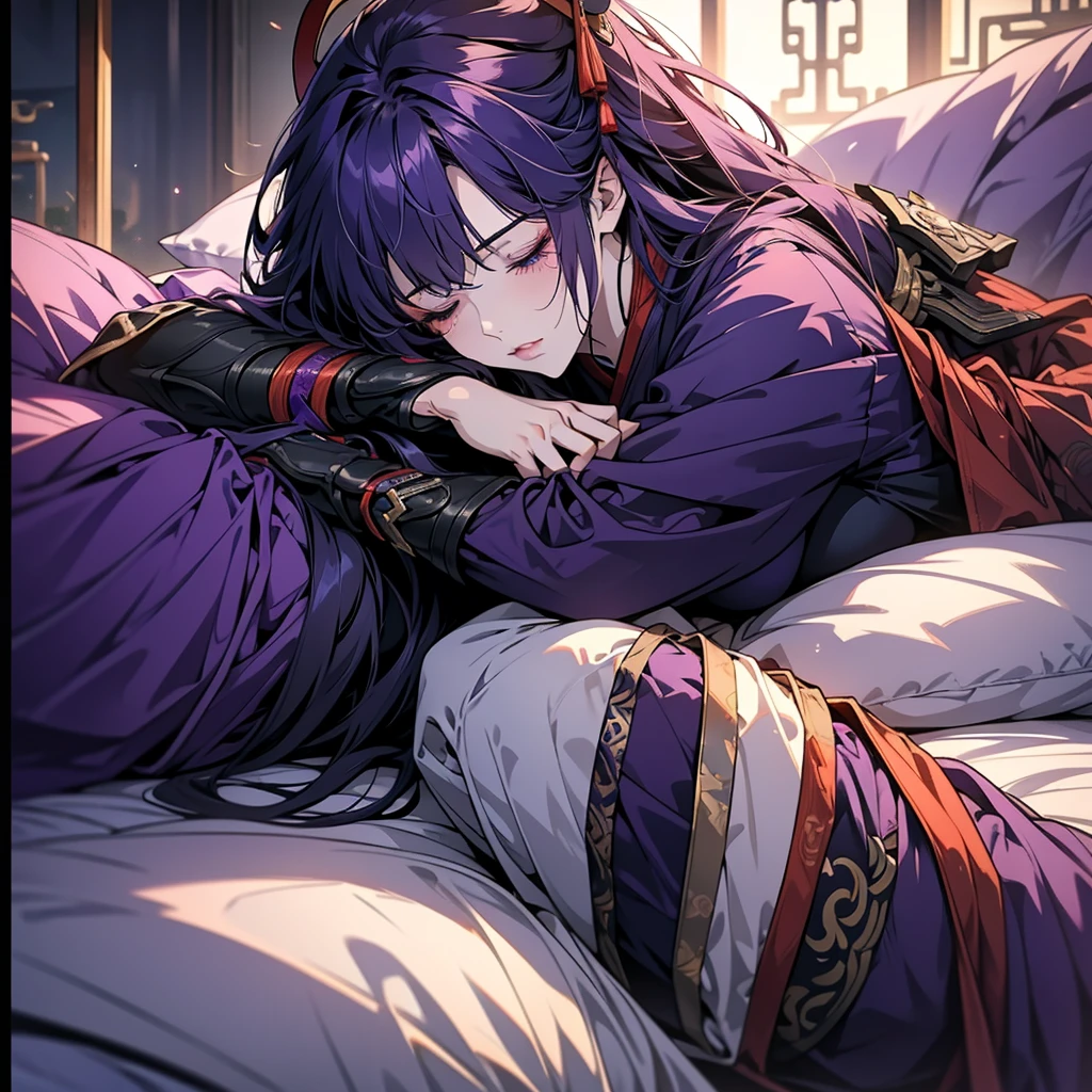 1 women, Raiden Shogun - genshin impact, long purple hair, violet eyes, violet chinese clothes, ultra long skirt, lying on the bed and sleeping in chinese room, closed eyes, night