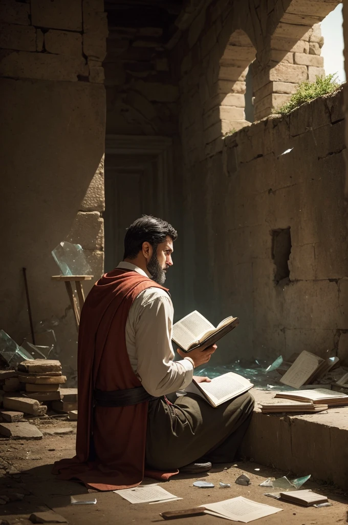 A man sitting reading a book with broken glass on his back ancient time 
