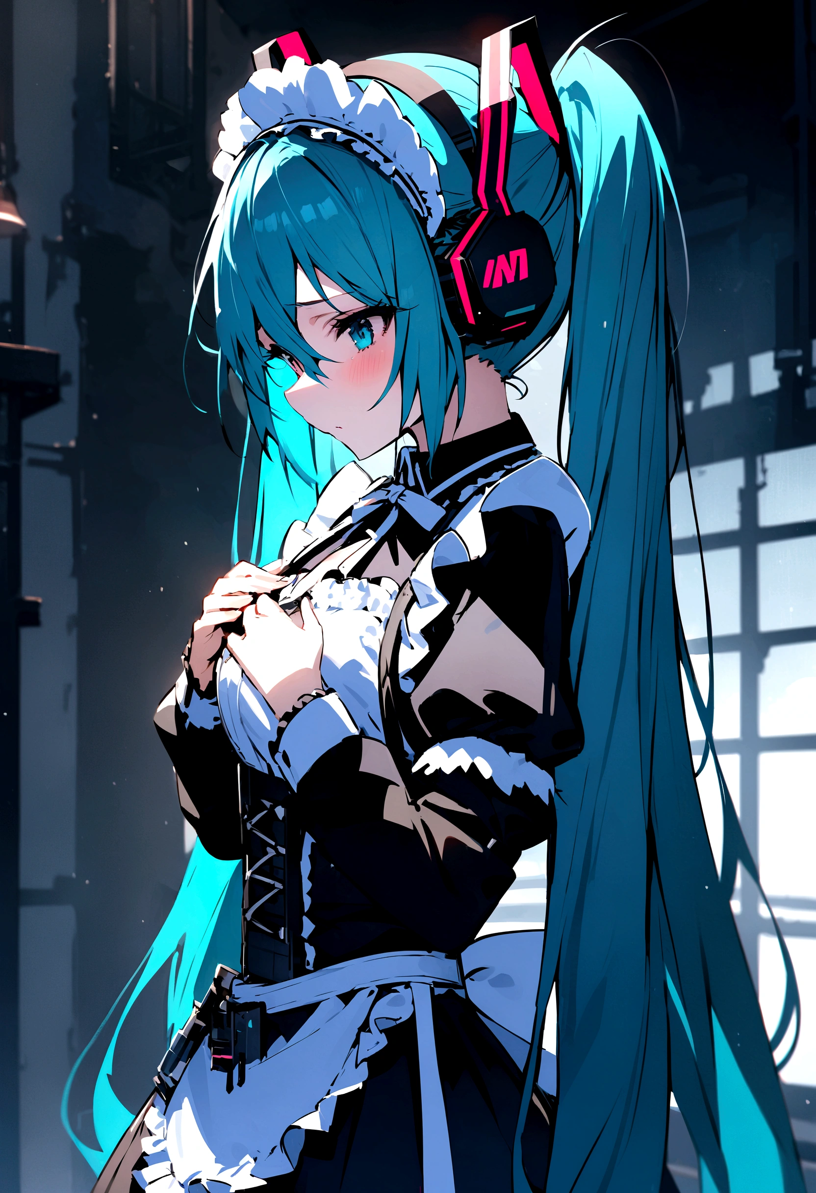 From the side(((​masterpiece, hatsune miku, vocaloid, Super detailed、Digital Cage、Hands on chest、Sad、Gothic、Maid clothes、