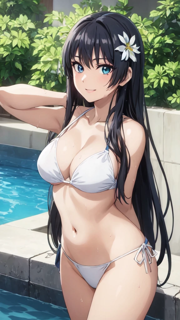 (Perfect hands, Perfect Anatomy:1.4),(anime:1.4),正面figure, Satin Ruiko, alone,(White Bikini Swimsuit:1.5),(A neat figure,thin:1.4),(Hairstyle is a princess cut:1.5),(Black Hair:1.4), blue eyes, (Black Hair:1.4),Long Hair,(Straight long hair:1.4), hair ornaments, (1 white flower decoration:1.4),(tsurime:1.4),(Sitting),(Broke up_lips:1.4),(Hime cut:1.4),(Large Breasts:1.4),(arms behind back:1.3), (Wicked Smile:1.4),(:1.4),(Wet:1.4),Sit on, (View your viewers:1.3),(Pool,Poolサイドで:1.4),(Dazzling sunlight,summer:1.4)、 break (Hime cut:1.4),(masterpiece:1.5),(Extremely accurate details,Ultra-high resolution:1.4),Highly detailed CG Unity 8k wallpaper,(Realistic,Photorealistic,超Realisticな:1.5),(curve,model,Glamour:1.5),Beautiful breasts,color_aberration,Beautiful detailed shadows,Beautiful Eyes,Beautiful body,Beautiful Skin,Beautiful Hands,(美的animeの目:1.4),(figure:0.8), (Beautiful attention to detail:1.4), Highly detailed face, Perfect lighting, Highly detailed CG, (Perfect hands, Perfect Anatomy:1.4),