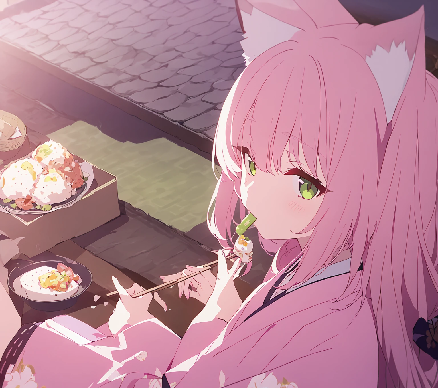 Kitsune girl long pink hair green eyes pink kimono sitting eating