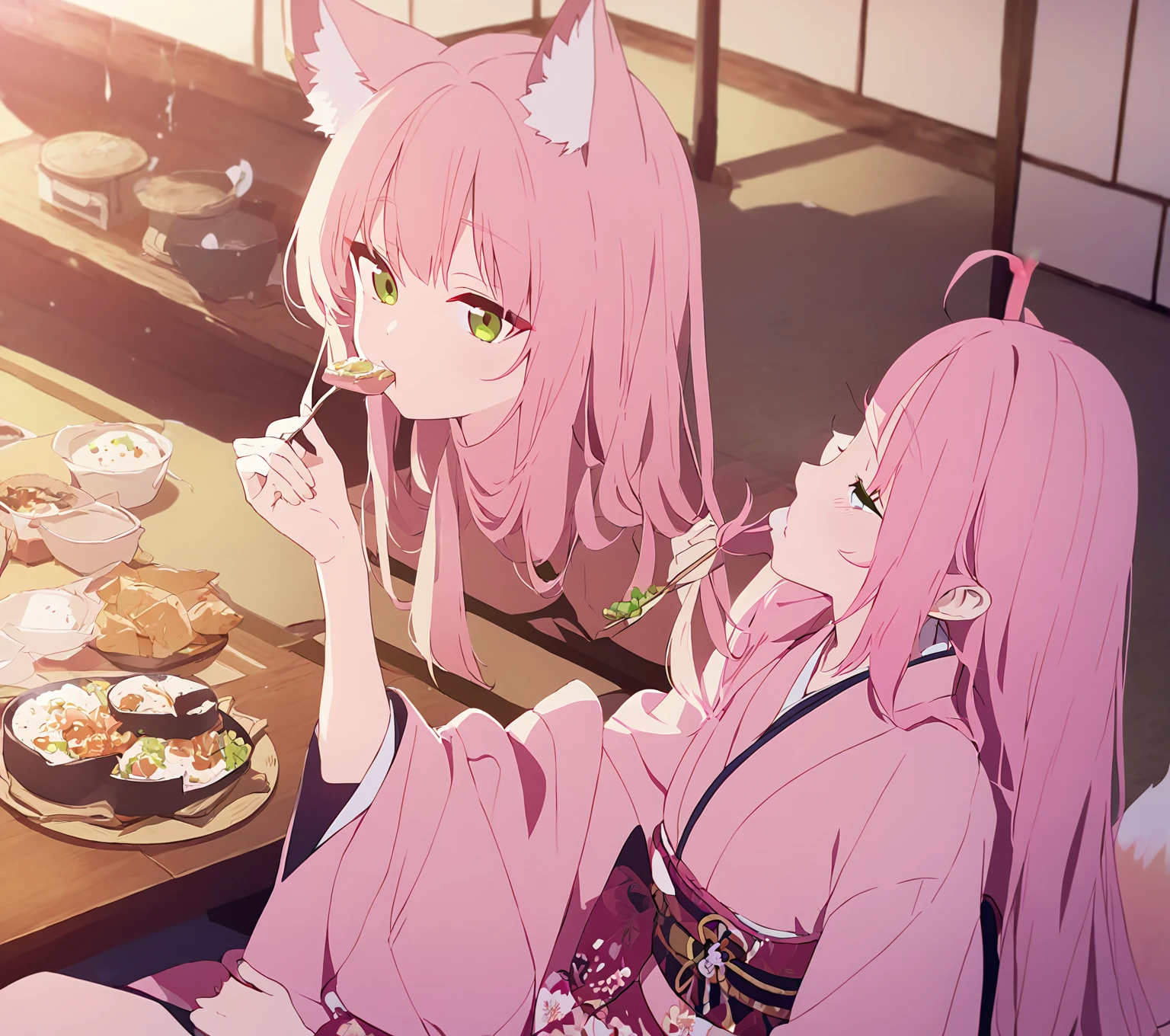 Kitsune girl long pink hair green eyes pink kimono sitting eating