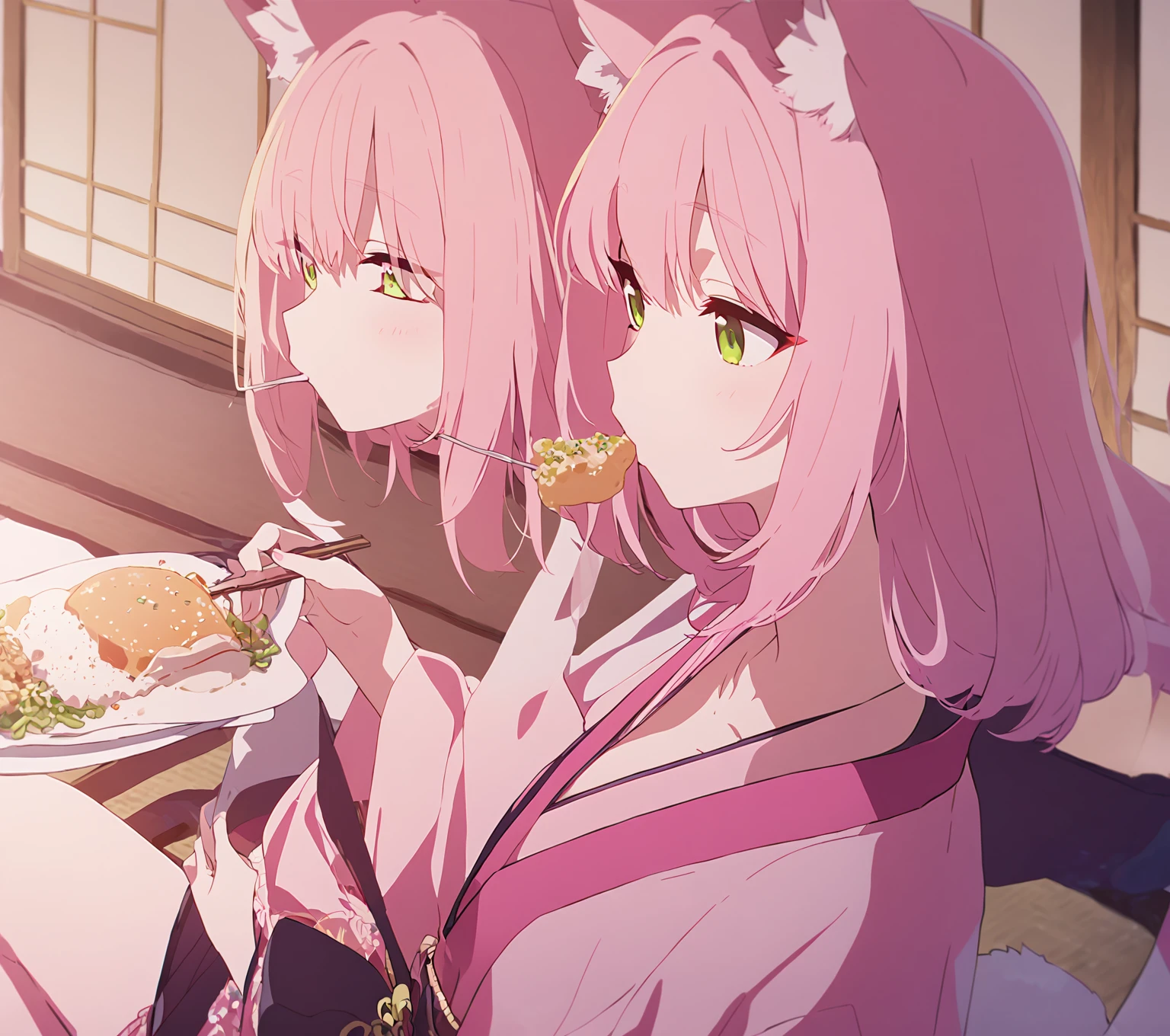 Kitsune girl long pink hair green eyes pink kimono sitting eating