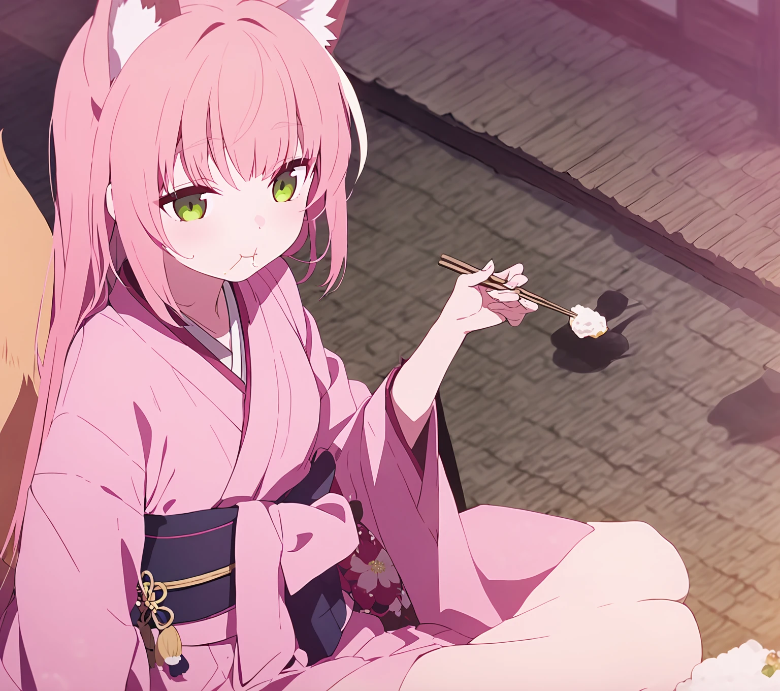 Kitsune girl long pink hair green eyes pink kimono sitting eating