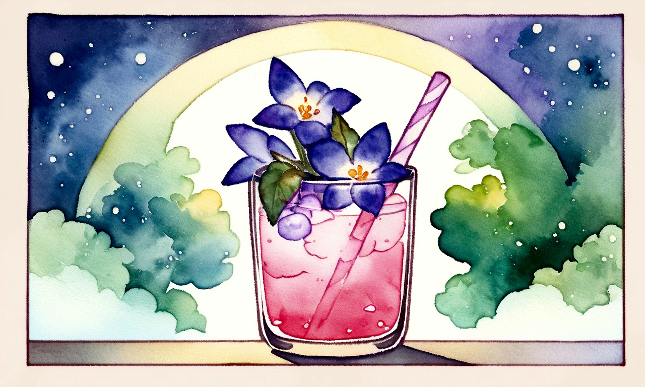 Purple flowers in a glass with a straw and a straw in it, 🌺 society, by Oze Kanaoka, Highly detailed watercolor 8k, Highly detailed watercolor 8k, relaxed and calm atmosphere, Watercolor illustration style, Artgasm, Highly detailed background, Lo-fi art style, Chill Hop, Shiny digital painting, Lofi Color, Official artwork