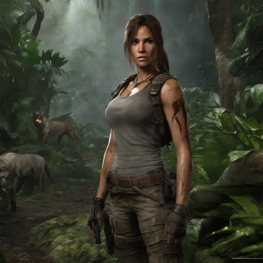Me as Tomb raider standing in a jungle surrounded by wolves. There is a light rain beginning to fall, and all I have left is a hunting knife in my left hand, and a pistol in my right hand. I'm facing the camera and 2 of the wolves with a smirk