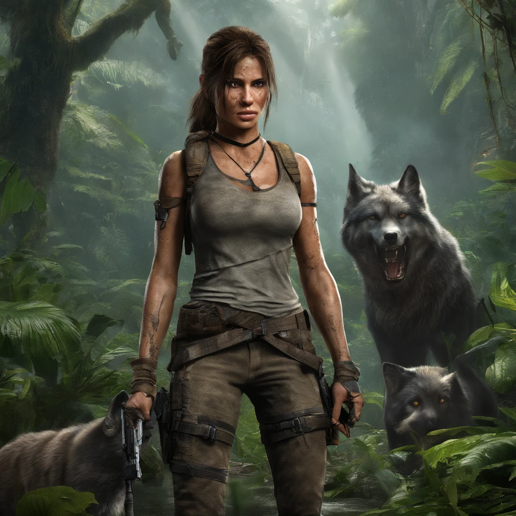 Me as Tomb raider standing in a jungle surrounded by wolves. There is a light rain beginning to fall, and all I have left is a hunting knife in my left hand, and a pistol in my right hand. I'm facing the camera and 2 of the wolves with a smirk