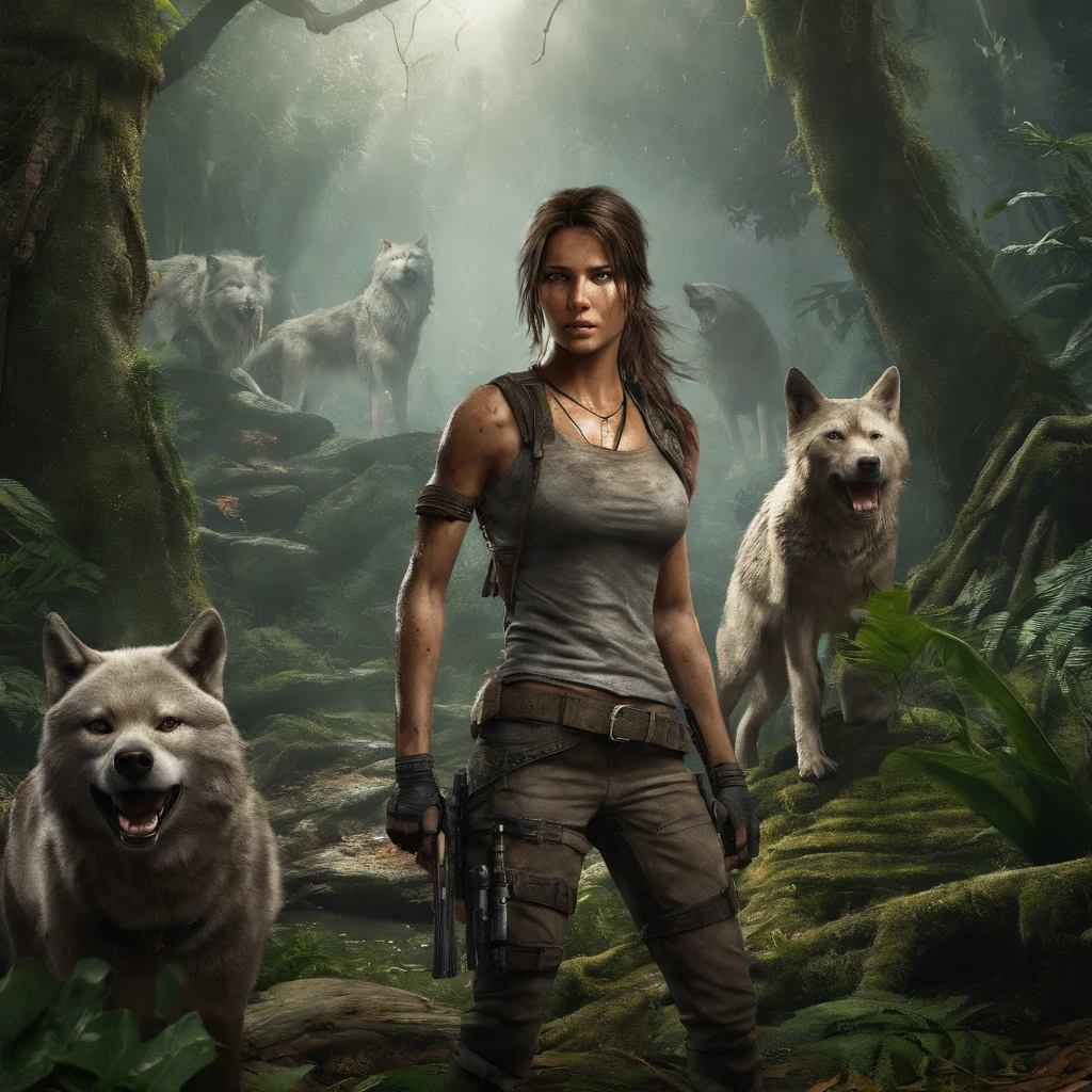 Me as Tomb raider standing in a jungle surrounded by wolves. There is a light rain beginning to fall, and all I have left is a hunting knife in my left hand, and a pistol in my right hand. I'm facing the camera and 2 of the wolves with a smirk