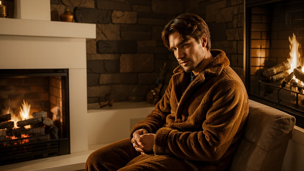 A man sits facing the fireplace in fur clothes.