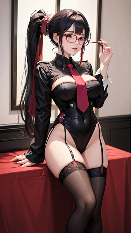 nsfw, Masterpiece, top quality, highly detailed, Beautiful mature girl wearing black frame glasses, long pink hair ponytail with bangs,Black uniform with red trim, red tie and thigh-high black stockings