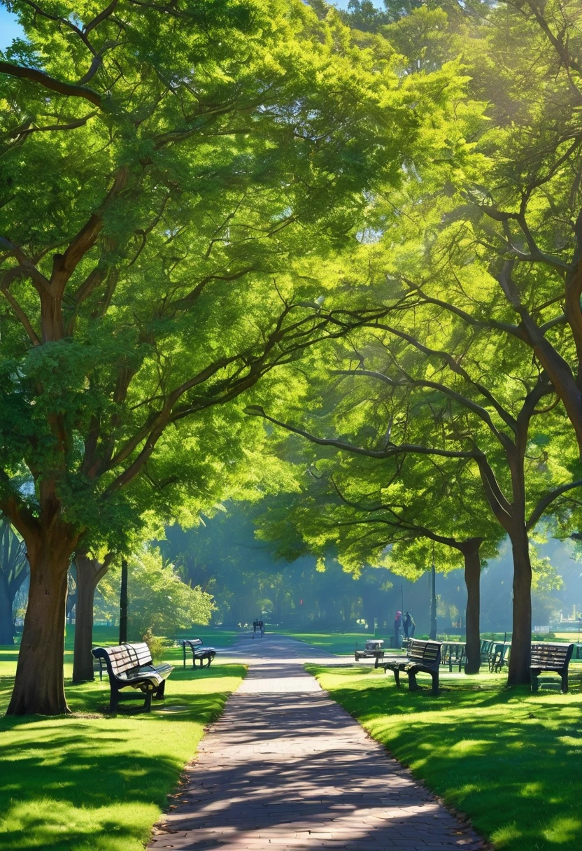 A sunny morning in a park: Imagine a serene park bathed in the gentle rays of the morning sun. The soft light creates long shadows and highlights the lush green grass, vibrant flowers, and tall trees. A clear blue sky stretches overhead, with a few fluffy white clouds dotting the horizon. Birds are perched on tree branches, singing cheerfully, and a gentle breeze rustles the leaves. A well-maintained pathway winds through the park, with benches along the sides where people can sit and enjoy the peaceful atmosphere. Some early risers are jogging or walking their dogs, adding to the lively yet tranquil scene.