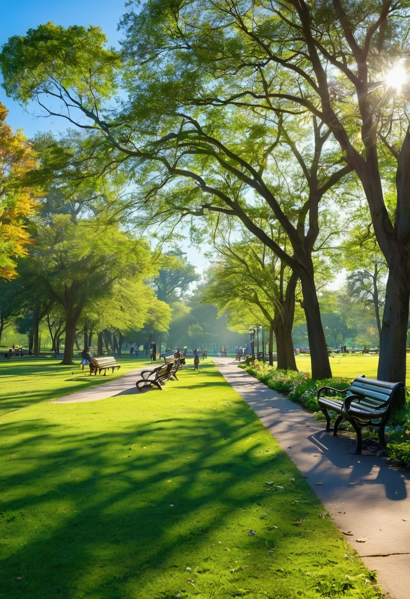 A sunny morning in a park: Imagine a serene park bathed in the gentle rays of the morning sun. The soft light creates long shadows and highlights the lush green grass, vibrant flowers, and tall trees. A clear blue sky stretches overhead, with a few fluffy white clouds dotting the horizon. Birds are perched on tree branches, singing cheerfully, and a gentle breeze rustles the leaves. A well-maintained pathway winds through the park, with benches along the sides where people can sit and enjoy the peaceful atmosphere. Some early risers are jogging or walking their dogs, adding to the lively yet tranquil scene.