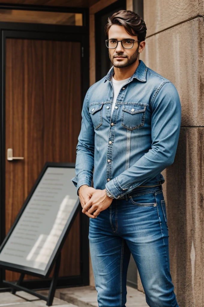 Thigh-high man in jeans and glasses