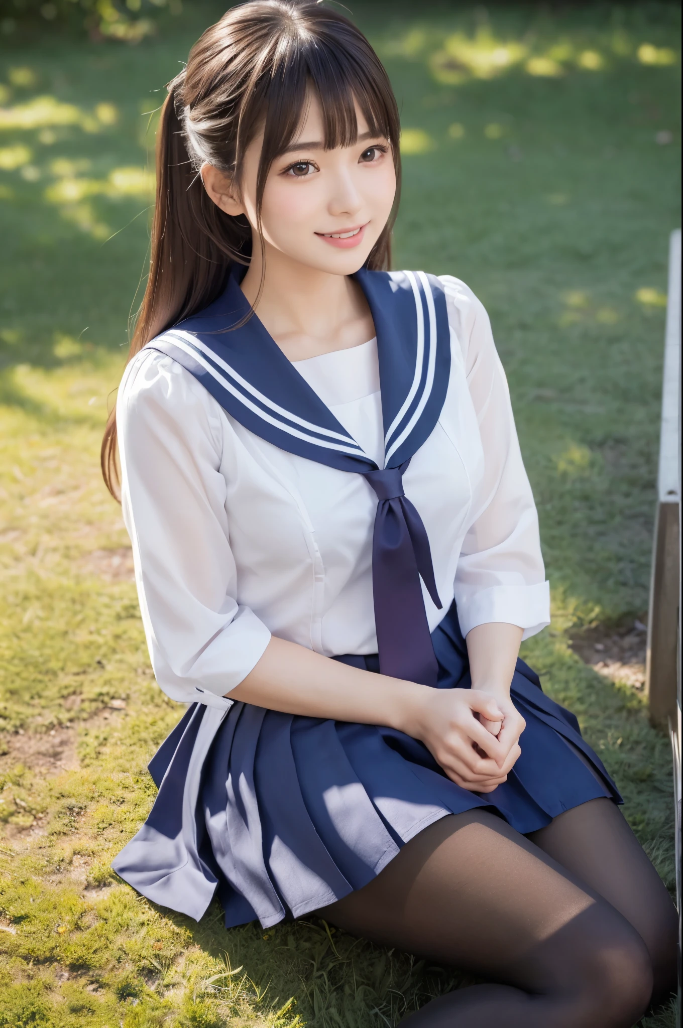 Girl VN02, Super realistic in summer uniform, 17-year-old girl、Seraphim、seifuku, Color Sailor Uniform, Japan , A seductive smile、Japanese ido、Skirt and thighs、Sitting on the lawn、Sitting, (Wearing pantyhose、Ultra-realistic pantyhose)、RAW Photos, (In 8K、Highest quality、masterpiece:1.2)、(Intricate details:1.4)、(Photorealistic:1.4)、Octane Rendering、Complex 3D rendering with ultra-detail, Studio Soft Light, Rim Light, Vivid details, Super Detail, Realistic skin texture, Highly detailed CG Unity 16k wallpaper, compensate, (Detailed Background:1.2), Glowing Skin、looked back、Exposed thighs!!!、