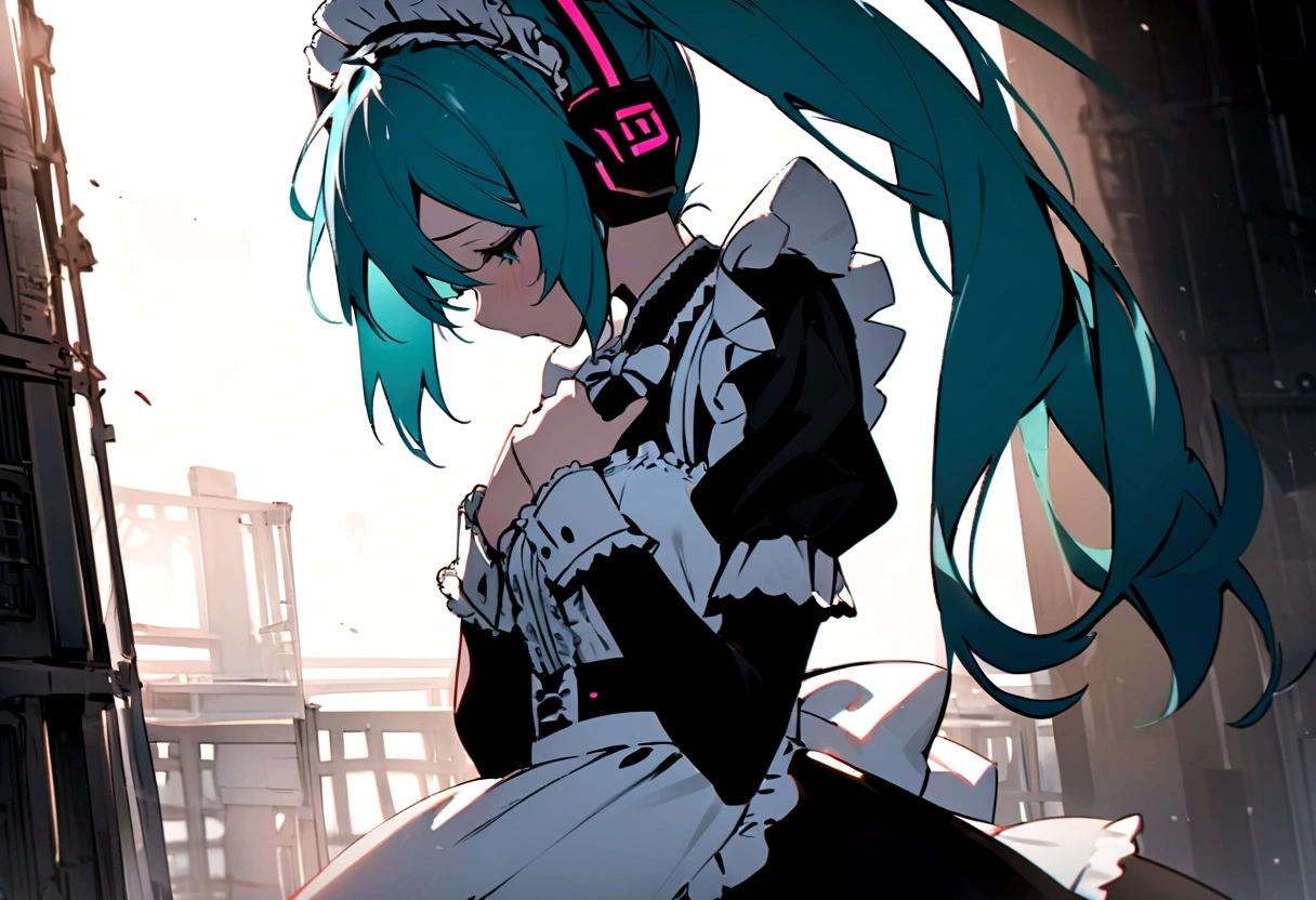 From the side(((masterpiece, hatsune miku, vocaloid, Super detailed、Digital Cage、Hands on chest、Sad、Gothic、Maid clothes、