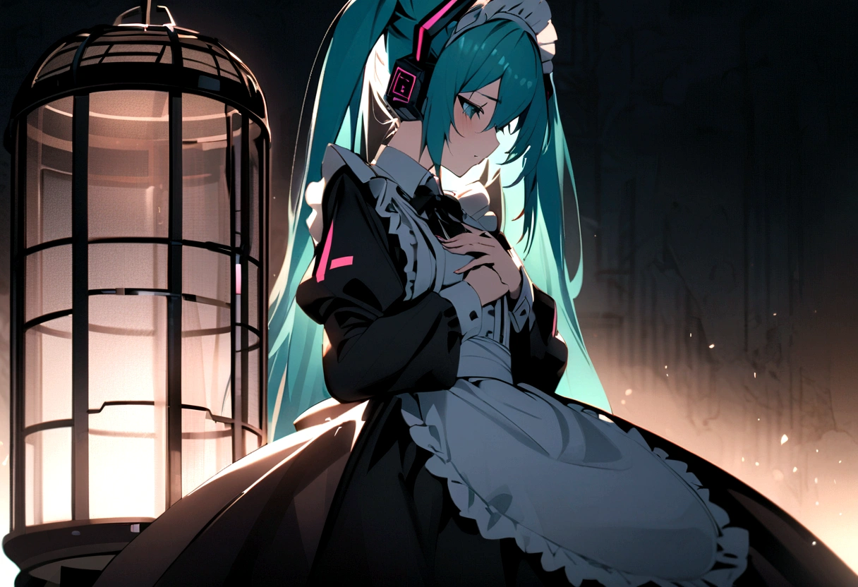 From the side(((masterpiece, hatsune miku, vocaloid, Super detailed、Digital Cage、Hands on chest、Sad、Gothic、Maid clothes、