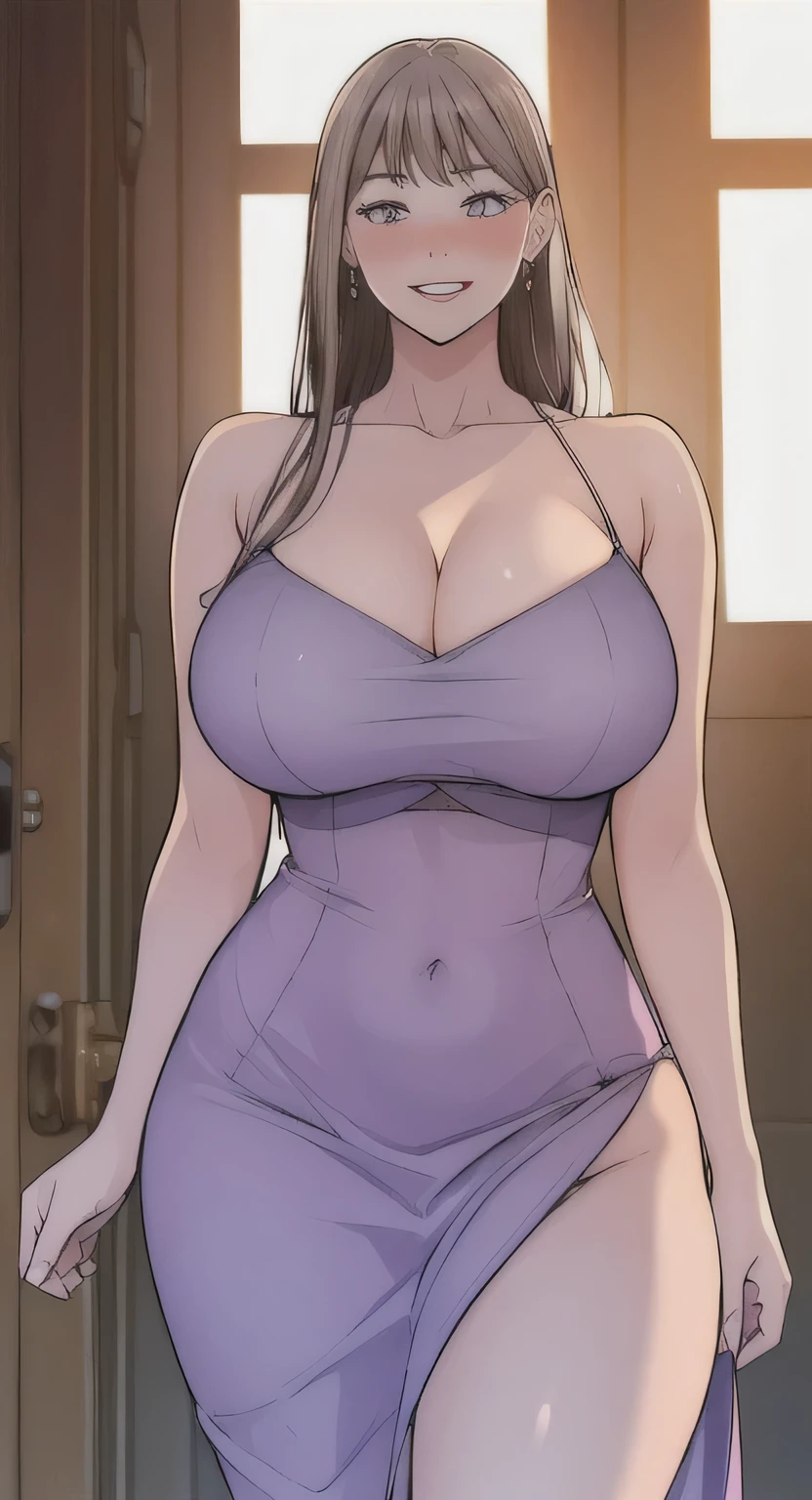 si-won, 1girl, breasts, covered_navel, dress, cleavage, solo, long_hair, huge_breasts, looking_at_viewer, mature_female, purple_dress, curvy, jewelry, earrings, bare_shoulders, blush, collarbone, indoors, parted_lips, thighs, bangs, tight_dress, smile, cowboy_shot, short_dress, parted_bangs