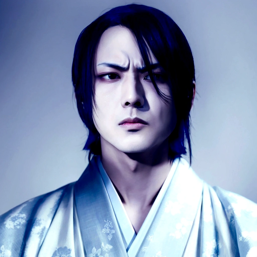 photoreal,Japanese Beautiful androgynous man,black hair,Put out the forehead,White and pale Blue kimono、pale skin, slanted eyes，bigger eyes,sanpaku, half-closed eyes,slanted eyebrows,hooked nose,little angry,thin eyebrows,Atsushi Sakurai