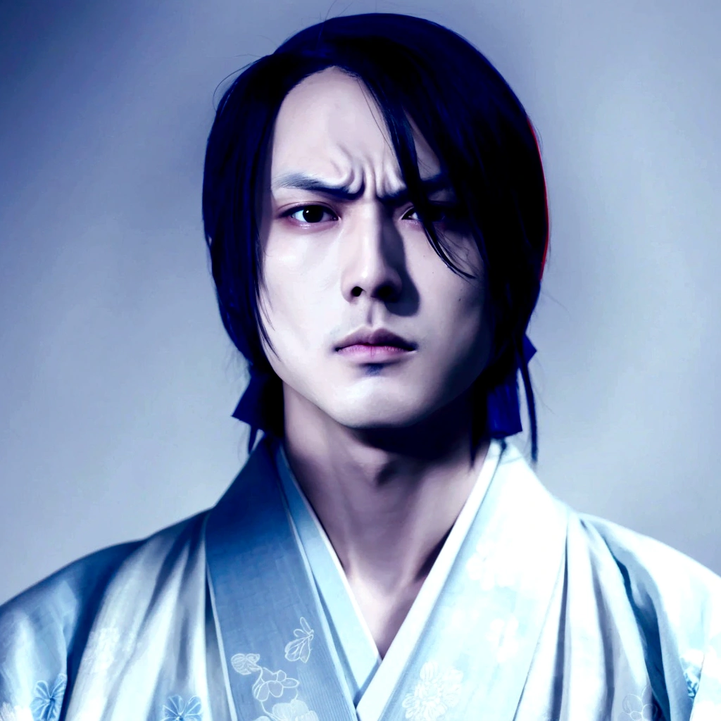 photoreal,Japanese Beautiful androgynous man,black hair,Put out the forehead,White and pale Blue kimono、pale skin, slanted eyes，bigger eyes,sanpaku, half-closed eyes,slanted eyebrows,hooked nose,little angry,thin eyebrows,Atsushi Sakurai