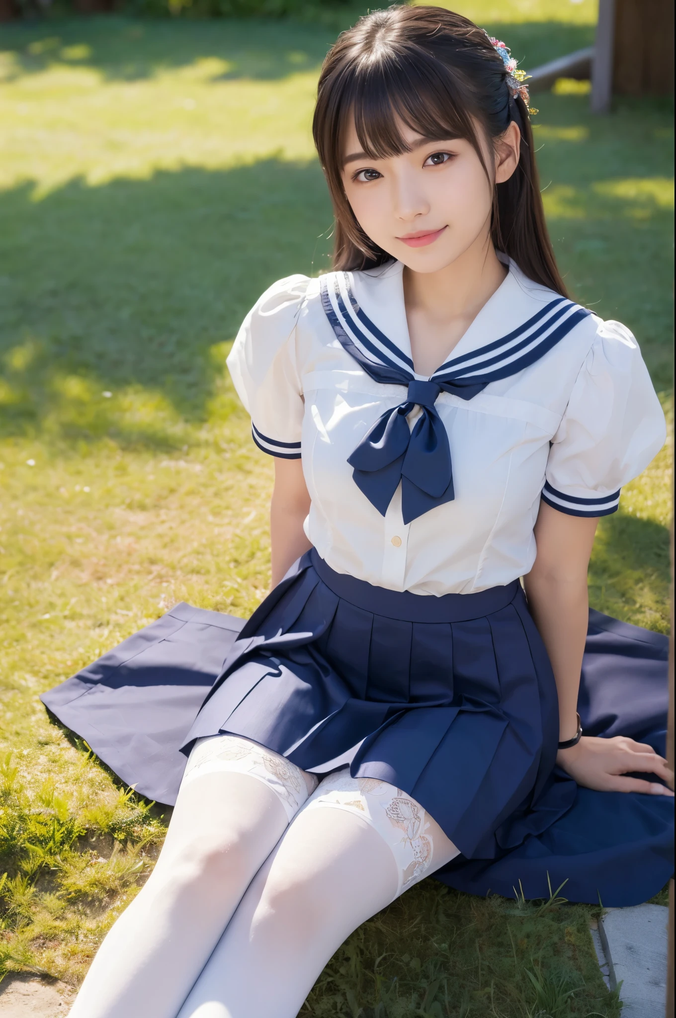 (((masterpiece))), (((Highest quality: 1.4))), ((Very detailed: 1.4)) , Super realistic in summer uniform, 、Seraphim、seifuku, Color Sailor Uniform, Japan , A seductive smile、Japanese ido、Skirt and thighs、Sitting on the lawn、Sitting, (Wearing pantyhose、Ultra-realistic pantyhose)、RAW Photos, (In 8K、Highest quality、masterpiece:1.2)、(Intricate details:1.4)、(Photorealistic:1.4)、Octane Rendering、Complex 3D rendering with ultra-detail, Studio Soft Light, Rim Light, Vivid details, Super Detail, Realistic skin texture, Very detailedな CG Unity 16k 壁紙, compensate, (Detailed Background:1.2), Glowing Skin、looked back、Exposed thighs!!!、