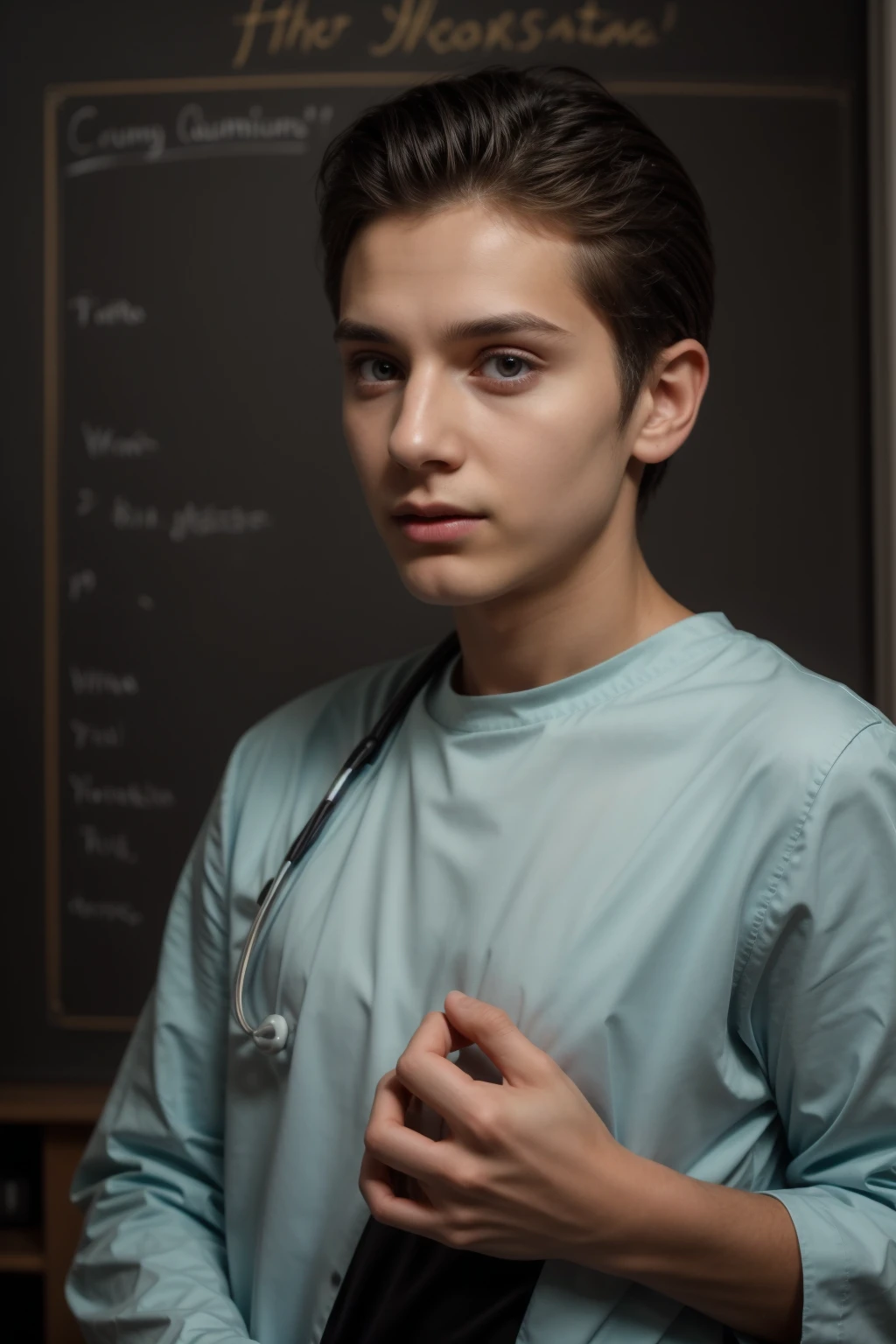 A young beautiful doctor, a twink, a cute male, with a face with make-up on, and he is wearing a long-sleeved aquamarine shirt and black jeans. He is in his luxurious scientific office, and behind him is a blackboard on which neurons and calculus are written, and he looks in amazement and shock, and his eyes have dark circles underneath them, and he is there.  Black hair and a red face with makeup