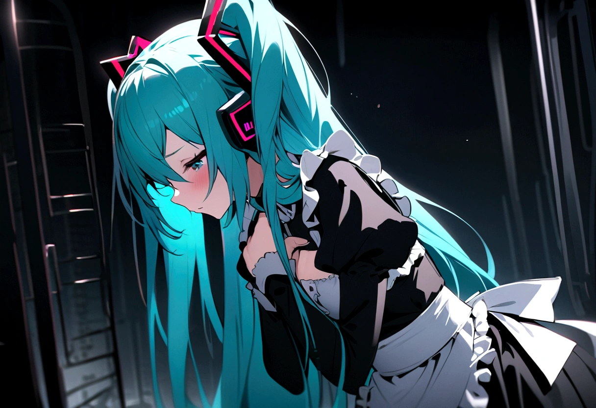 From the side、(((masterpiece, hatsune miku, vocaloid, Super detailed、Digital Cage、Hands on chest、Sad、Gothic、Maid clothes、shout、aloud、