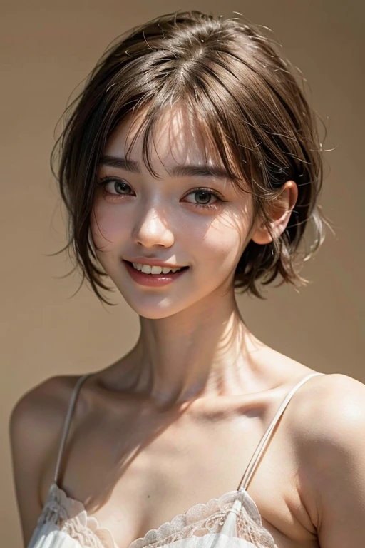 highest quality, masterpiece, ultra high resolution, (realistic:1.4), (portrait facing each other) Raw photo, 1 girl, 20-year-old,((K-popアイドル)),((very short hair)),((Bangs, short hair, above eyebrows)),((looking up at the viewer)),realistic,((Simple solid color background)), picture media chest)),((toothy smile)),