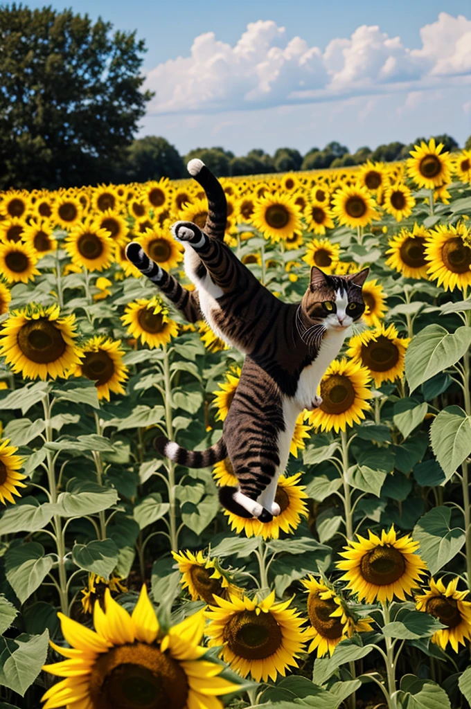 Flying cat in a sunflower garden