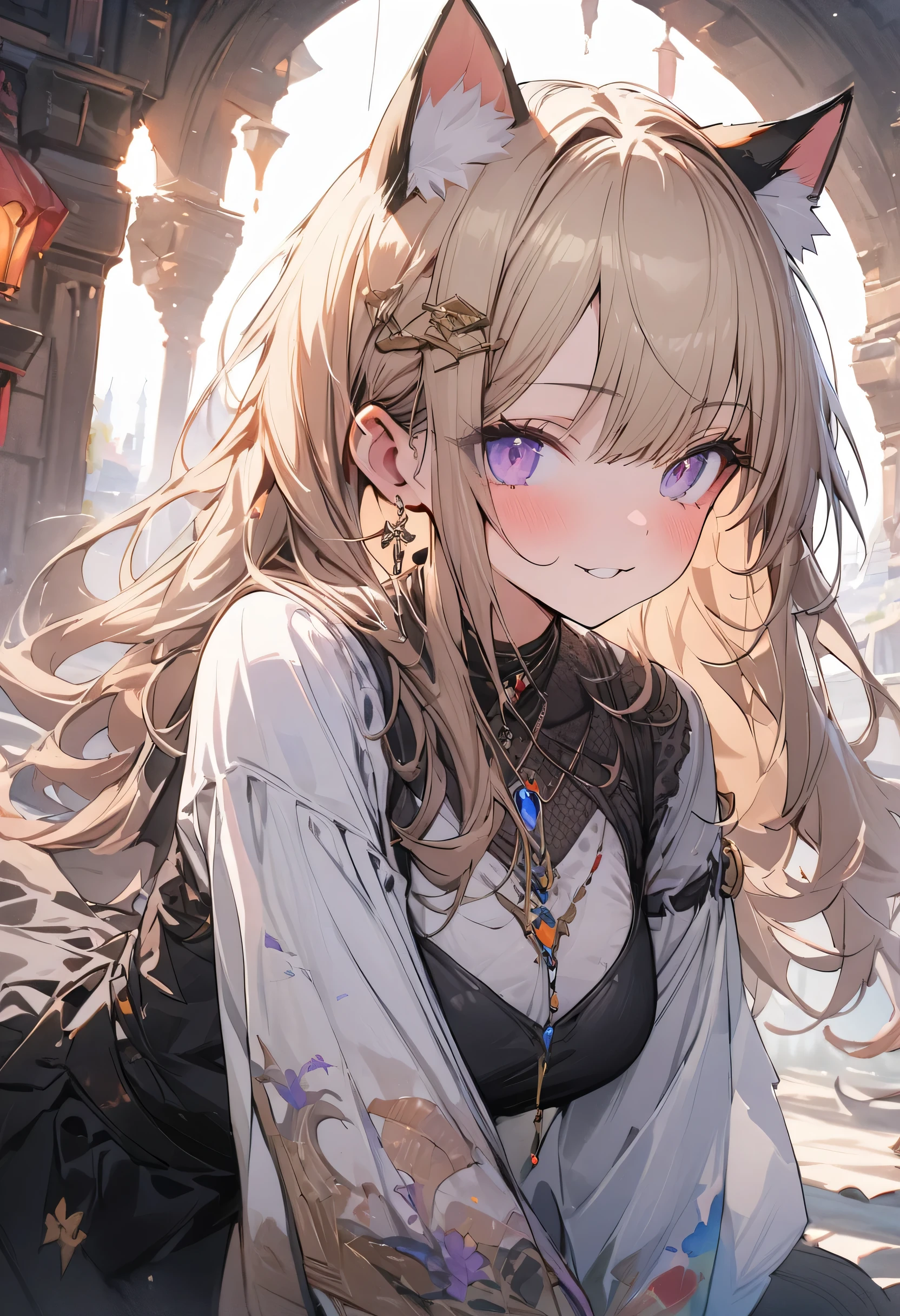 (masterpiece, best quality, highly detailed, absurdres:1.3), 1girl, cute girl,  cat ears, (Meow meow pose:1.3),  (fantastic illustration, beautiful detail, best quality, top quality, fain touch outline:1.3), background fantasy world city, watercolor, clear, tangle, beautiful scenery