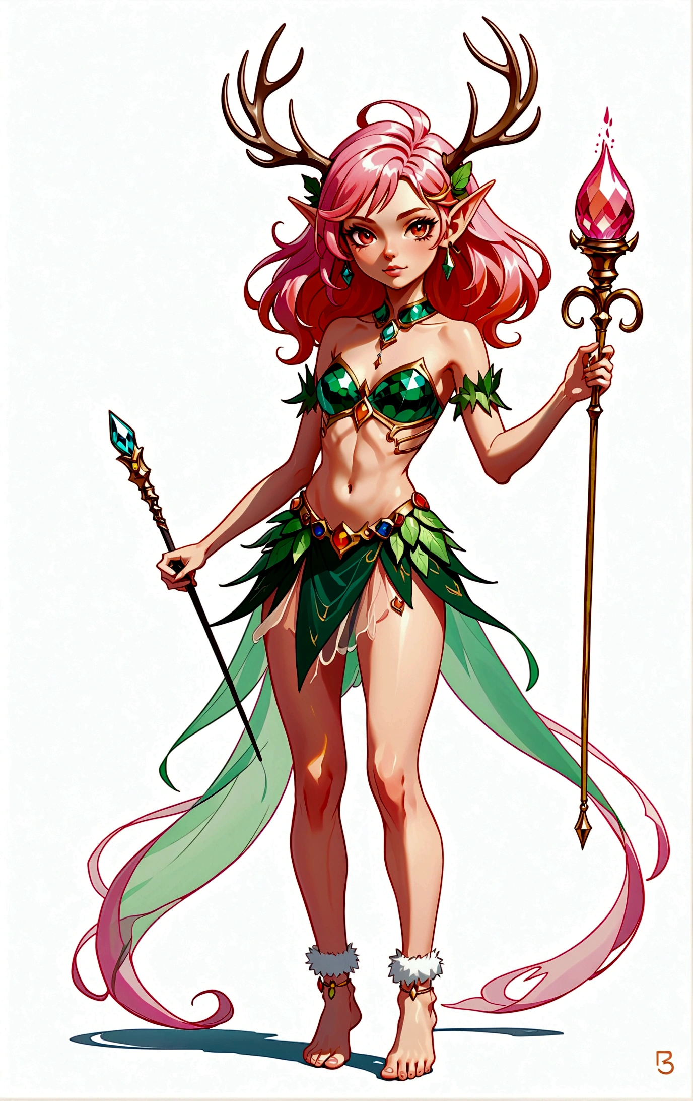 game character，Cartoon anime style，beautiful girl，Fluffy pink hair，Pink Eyes，antlers，Elf ears，Orange tulle short skirt，Metal gem-encrusted scepter，Slender legs，Standing barefoot，Bells on anklets。(((Correct human anatomy)))，White background
