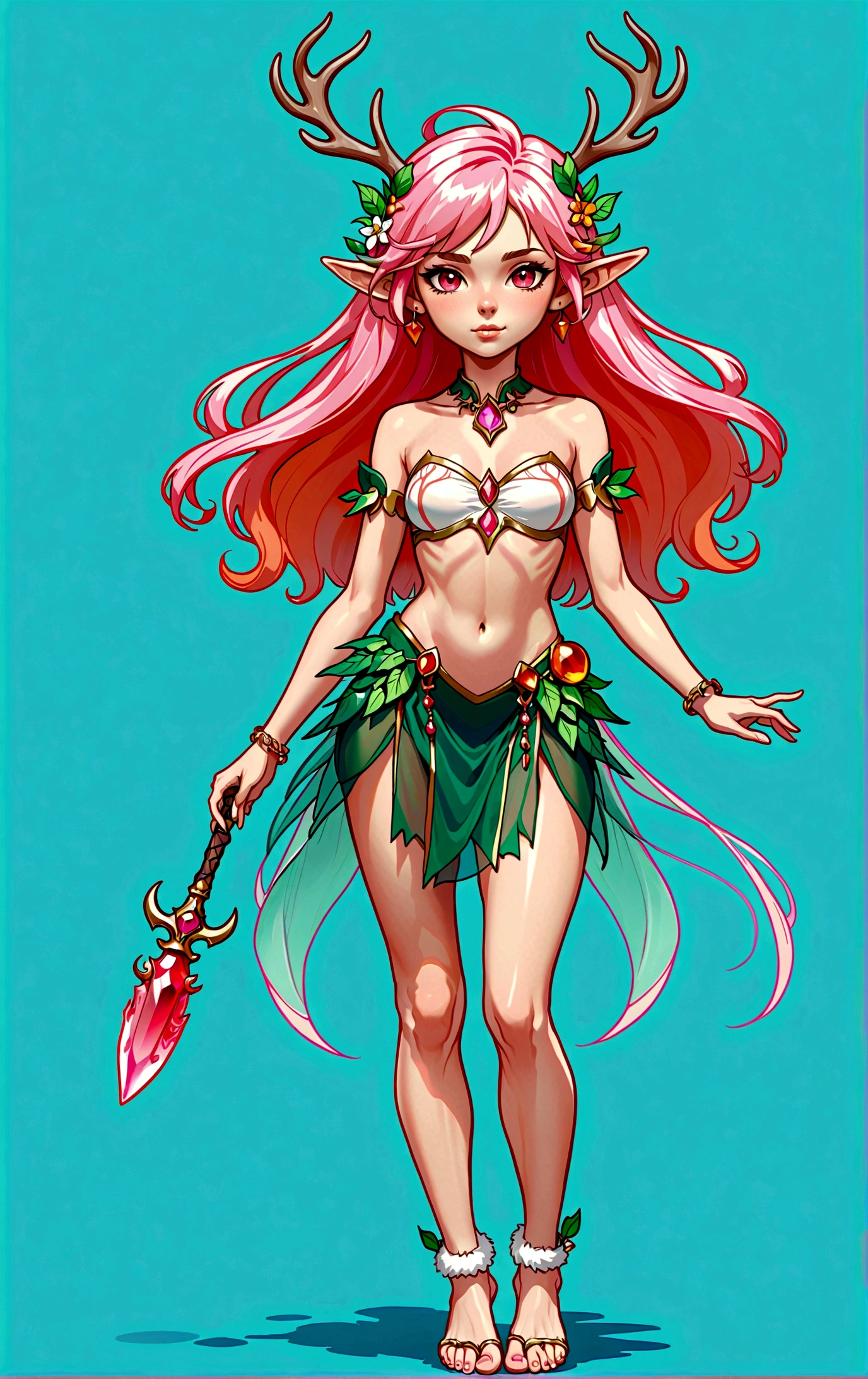 game character,Cartoon anime style,beautiful girl,Fluffy pink hair,Pink Eyes,antlers,Elf ears,Orange tulle short skirt,Metal gem-encrusted scepter,Slender legs,Standing barefoot,Bells on anklets。(((Correct human anatomy))),White background