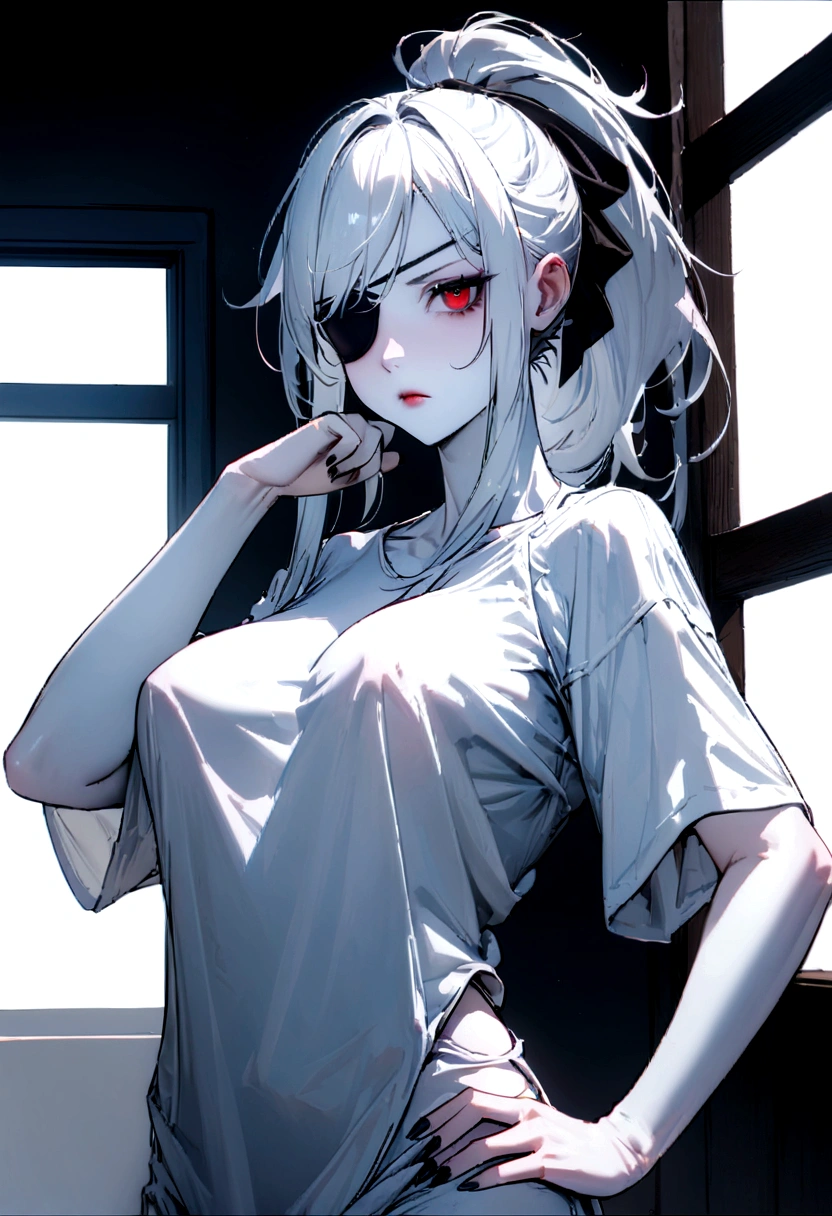 (absurdres, 8k, 4k, masterpiece, hyper extreme detailed:1.2), solo, 1girl, front view portrait, best quality, expressive eyes, perfect face, 1girl, portrait, solo, Female, mature female, adult, pale skin, black nails, white skin, black ribbon, red eyes, black eyepatch, annoyed, tattered clothing, armor, ripped clothes, oversized shirt, , swept bangs, side bangs, messy hair, long hair, hair covering forehead, perfect anatomy, anatomically correct, looking forward, forward view, expressive eyes, perfect eyes, quanxi, ponytail, eyepatch, Zero, full body, hand on hip, covered breasts, right hand on head, left hand on hip, solo, leaning back, window background, WhiteOutfit,