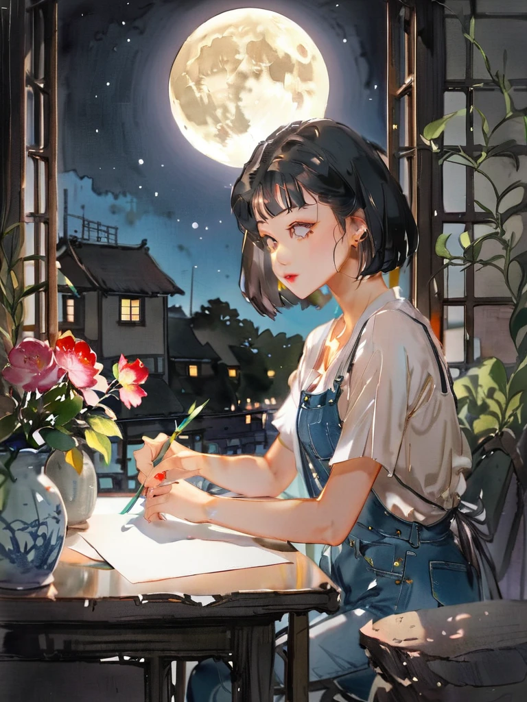 (((How to cut paper))), 1 Girl, short black hair, Bob, Shirts and denim, portfolio, Full moon illuminating the background