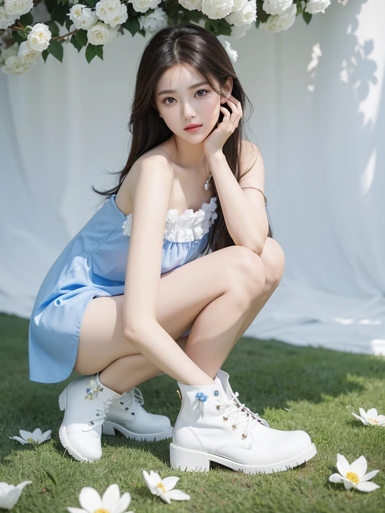 Beautiful woman wearing a blue sky and white mini dress with decorations on the shirt and visible shoulders and wearing boots and being photographed with a white background And And he was on the grass which was beautiful and filled with white flowers , Korean style swag, beautiful face so gorgeous, Beautiful eyes, y2k style