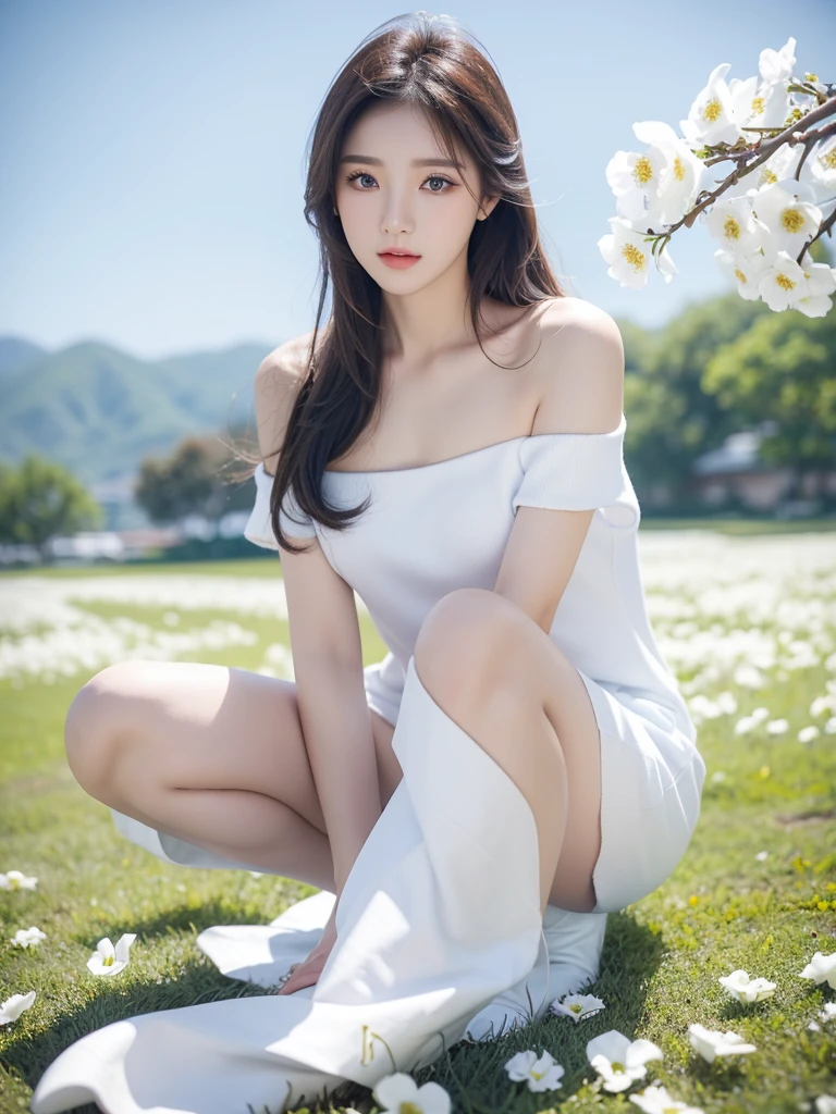 Beautiful woman wearing a blue sky and white mini dress with decorations on the shirt and visible shoulders and wearing boots and being photographed with a white background And And he was on the grass which was beautiful and filled with white flowers , Korean style swag, beautiful face so gorgeous, Beautiful eyes, y2k style