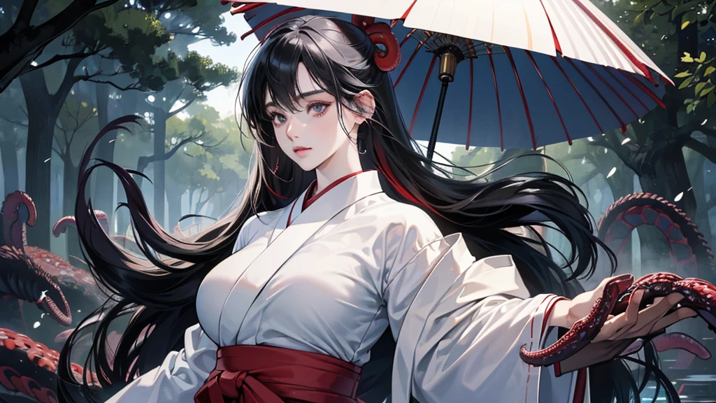 (perfect anatomy:1.2)(absurdres, highres, ultra detailed),masterpiece,best quality,high resolution,8K,Realistic face,Realistic skin texture,magnified textures, stunning clarity,(1 girl),detailed anime girl,japanese lowteen girl,ultra detailed eyes and face,(black hair),long hair,creepy swamp,mysterious eyes,midnight,(tentacles in the background:1.1),pale skin,Japanese shrine maiden, ,(white kimono),(red hakama) thin body type,big breasts,(expressionless:1.3),(from front:1.2),upper body,,(Daytime),(look at viewer),standing:1.1