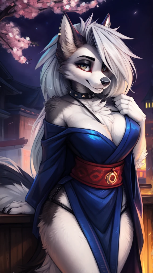 by kenket, Ross Tran, ruan jia, zaush, foxovh, by Zackary911, by hyattlen, by teranen, by fumiko, by Pixelsketcher, by fluff-kevlar, bye r-mk, by Dimwitdog, Furry, Anthro, (oiran), ((prostitute)), (luxurious off-shoulder kimono), (loona), helluva boss, hellhound, kemono, (huge breasts), long (elegant) white hair, hourglass body, revealing outfit, seductive, looking at viewer, gray fur, white fur, traditional japanese, magic fantasy, (mature), milf, tall, curvy, outdoors, cherry blossoms, nighttime, cleavage, tugging on own clothes, (red sclera), light blue iris,