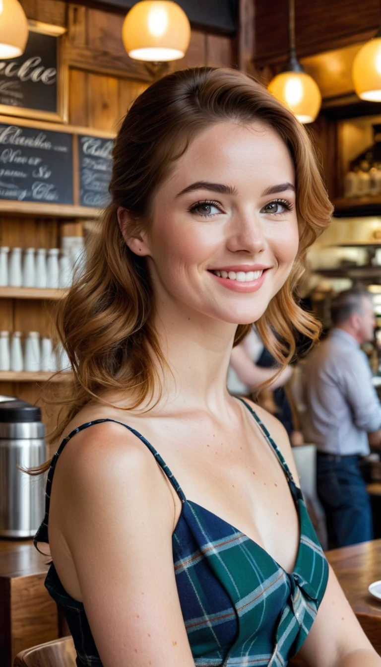 A stunning young Scottish adorable woman, standing in the cafe corner with elegantly, by Neal Adam, detail face (lip and eyes) by Armstrong and Jay Anacleto, candid smile, (wrinkle, blemish, skin pore) medium wide, low angle, super high quality image