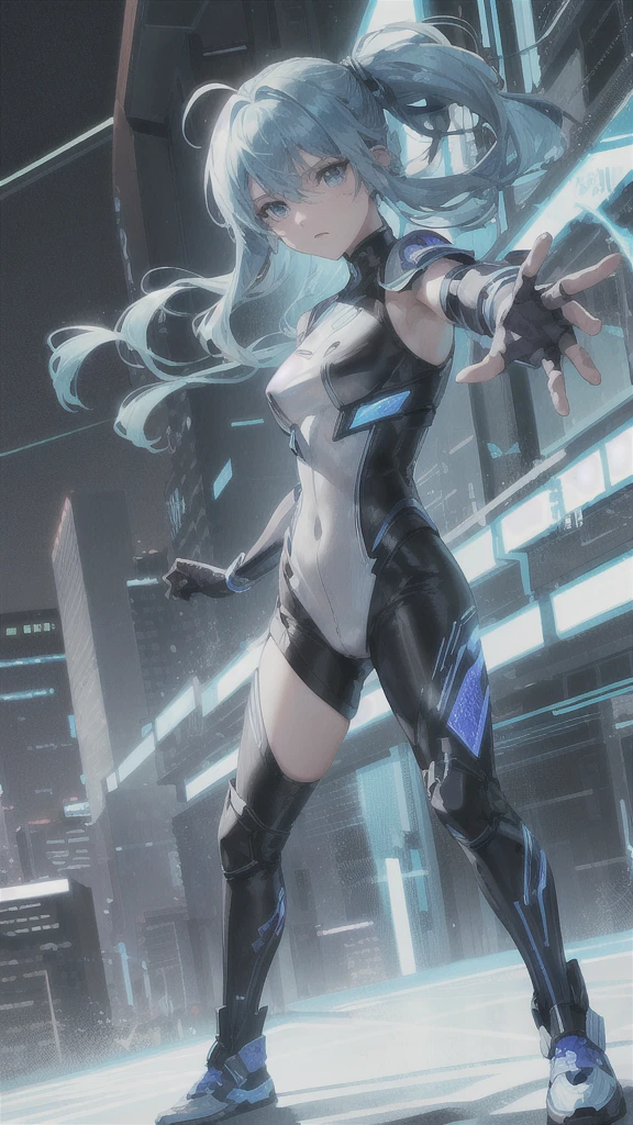 real、Lightning aura、Lightning Energy、Fighting Pose、Blue Hair、cyber punk、Thunder in the background、whole body、Lightning costume、Fighting face