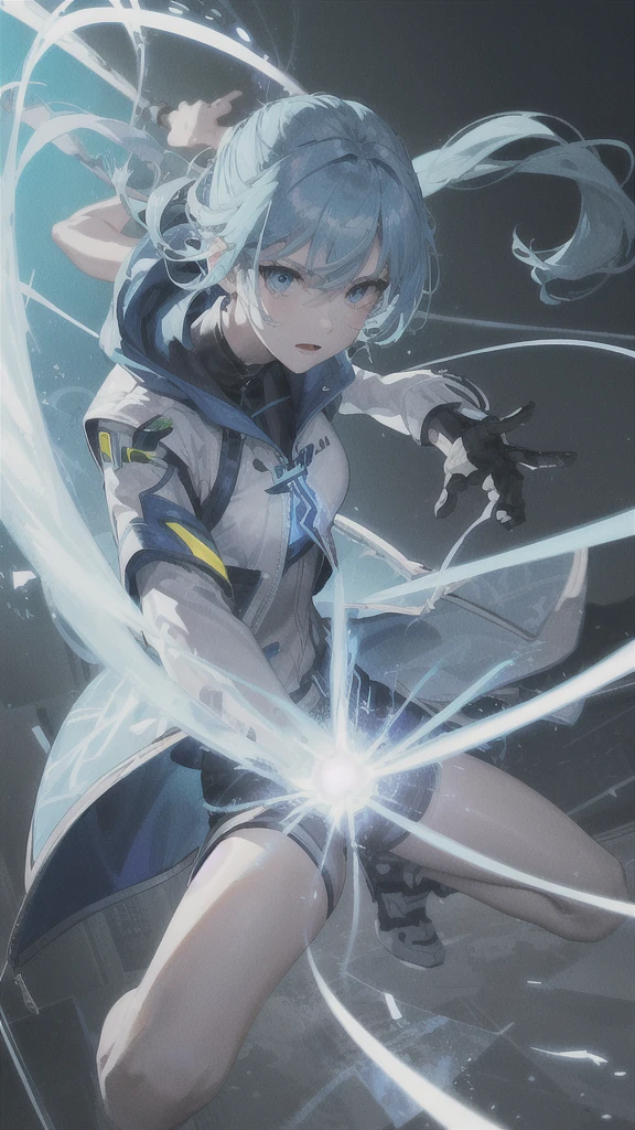 real、Lightning aura、Lightning Energy、Fighting Pose、Blue Hair、cyber punk、Thunder in the background、whole body、Lightning costume、Fighting face
