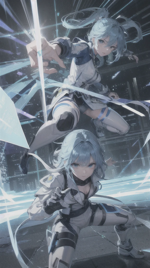 real、Lightning aura、Lightning Energy、Fighting Pose、Blue Hair、cyber punk、Thunder in the background、whole body、Lightning costume、Fighting face