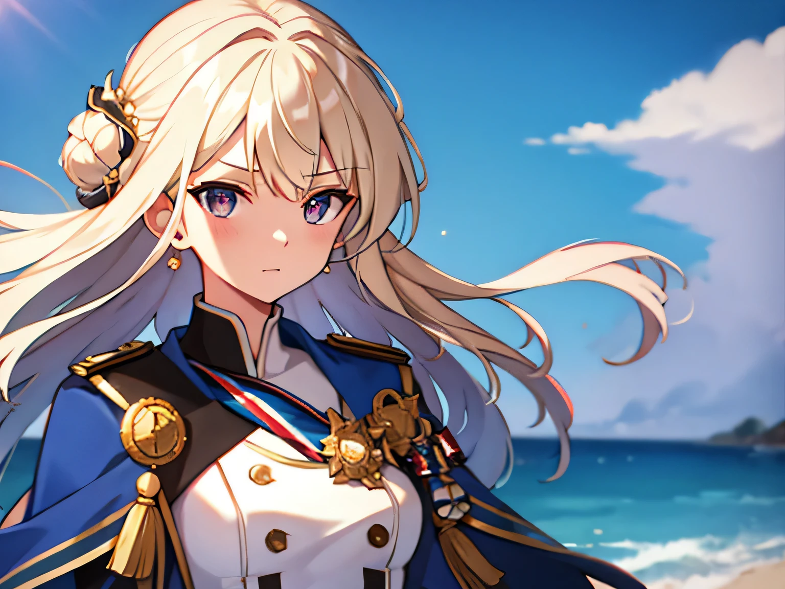 Royal Navy, Horatio Nelson, Admiral, on board, warship, clear skies, aboard a warship at sea, commander, naval uniform, blonde hair, hair bun, raised eyebrows, upturned eyes, earrings, cinematic lighting, pov, ((masterpiece)), (super detail), textured skin, high quality, highres, Viscount, Medal